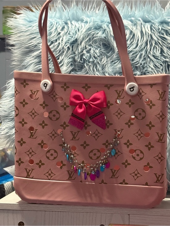None Handbags - Pink Designer-Style Tote Bag with Decorative Bow and Charms
